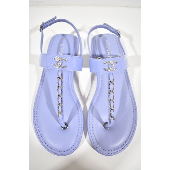 Chanel 22C Purple Patent Silver Chain CC Logo Mule Slide Flat Thong Sandal 37 - Picture 8 of 12